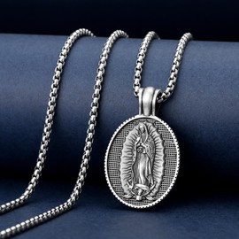 Virgin Mary Medal Necklace, Titanium Steel Catholic Protection Pendant Amulet Necklace Religious Jewelry for Men Women