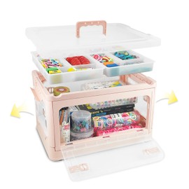 Foldable 27 QT Plastic Craft Storage Containers with 2 Removable Tray, Stackable Craft Organizers and Storage Pink Storage Box with Handle for Organizing Toys, Tool, Sewing, Playdoh