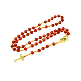 Hactnion Rosary Beads, Knotted Rosary, Red Beads,Copper Plated with 18K Gold and Inlaid with Zirconia Jesus Christ Crucifix Pendant,Catholic Rosary, Rosary for Women, Men