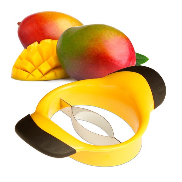 Relaxdays Mango Slicer, Split & Core Mangos, Non-Slip Handles, Stainless Steel Blade, Cutter, Black-Yellow