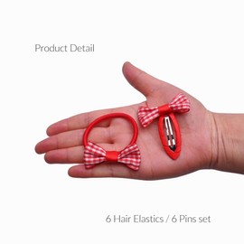 Basic Sense 12pcs Gingham Check Bow School Hair Set, Ribbon Snap Clips & Hair Elastics Ties for Girls School Uniform, Red