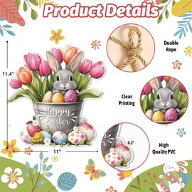 Hoblynth Happy Easter Door Decoration Bunny Floral Bucket Hanging Sign for Decor for Front Door 11.4 Easter door wreath for Home Decor Spring Rabbit Wall Hanger for Porch Outdoor Indoor