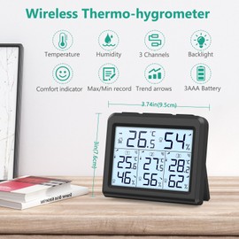 ORIA Digital Thermometer Hygrometer, Indoor Outdoor Thermometer with 3 Wireless Sensors, Temperature Humidity Monitor Gauge with Backlight, Max/Min Record, Comfort Indicator, for Home, Office -Black