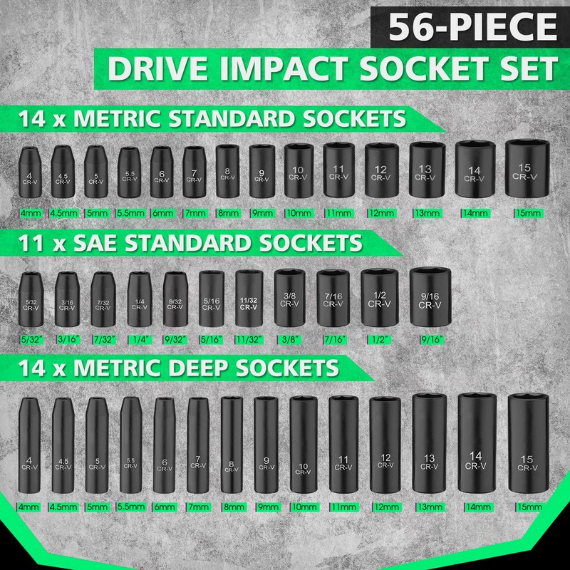 1/4" Drive Impact 56-Piece Socket Set, Standard SAE (5/32 to