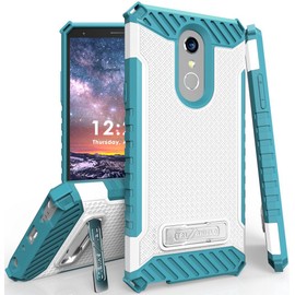 Beyond Cell Case for LG Stylo 4, White/Turquoise Tri-Shield Rugged Cover [with Metal Kickstand + Wrist Strap Lanyard] for LG Q Stylus | LG Stylo 4 | LG Stylus 4