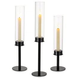 NUPTIO Black Candlestick Holders for Centerpiece: Set of 3 Hurricane Taper Holder with Windproof Glass Cover Long Stem Cylinder Metal Candle Sticks Stands for Halloween Christmas Table Decoration