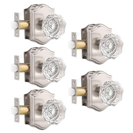 Gobrico 5 Pack Crystal Door Knobs Interior Glass Door Knob Lock with Satin Nickel Rosette,Passage Function for Hall Closet Pantry,Octagon Shape Clear Diamond Knobsets