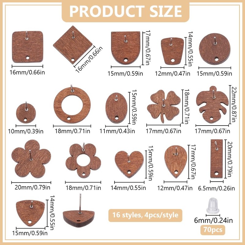 FREEBLOSS 64Pcs 0.26''- 0.87'' Natural Wooden Stud Earrings Posts with