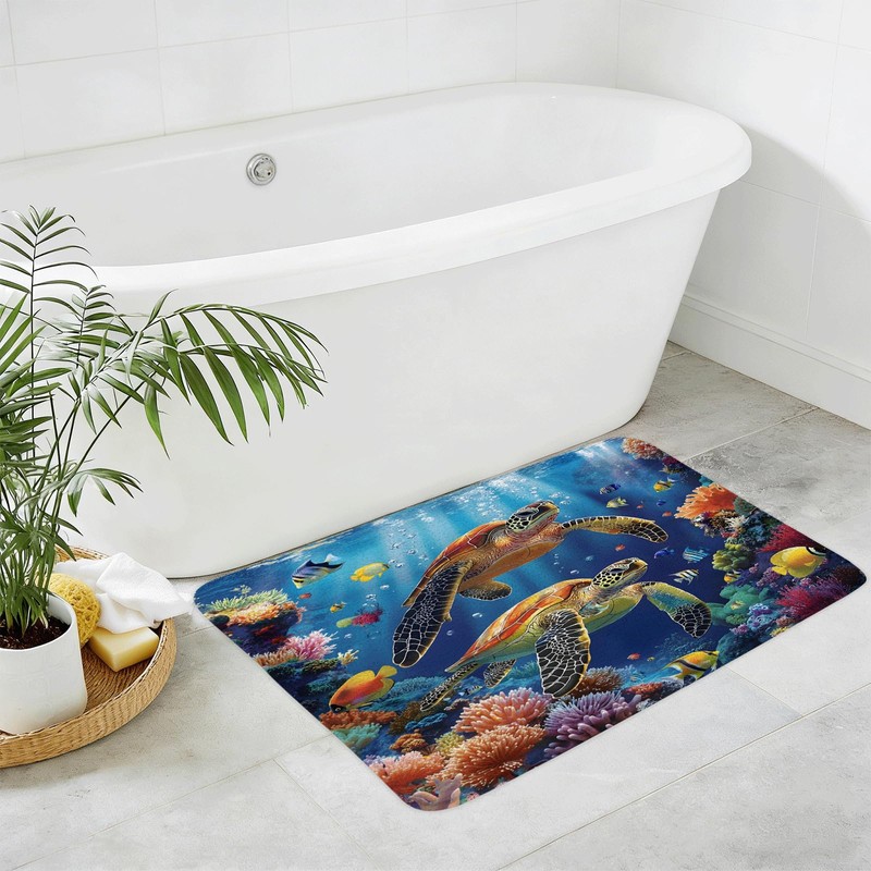 Sea Turtle Bath Mat, Blue Underwater World Tropical, 17.8x29.5 Inch