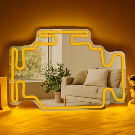 Vveikea Check Engine Light Neon Mirror Dimmable Garage Neon Signs for Man Cave Cool Wall Mirror Car Themed Room Decor Led Wall Art Led Mirror for Bedroom Bathroom