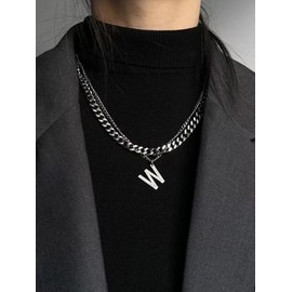 Collar largo con inicial en capas de plata tiantian para mujer, regalos de moda, cadena de eslabones con clip de papel, collar con colgante de letra de moneda, gargantilla con cierre de palanca,