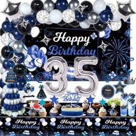 Miidenks 35th Birthday Decorations Set for Men, Navy Blue Silver Black Happy 35 Birthday Party Decorations with Birthday Backdrop Banner Birthday Tablecloth 35 Number Balloons for Him