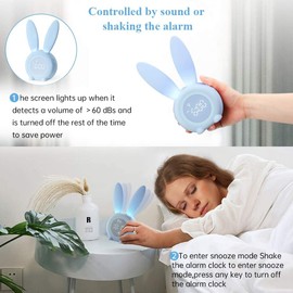 YONGYAO Baby Children's Light Alarm Clock Rabbit Alarm Clock Blue Rabbit Alarm Clock Wake Up Light Bedside Lamp Snooze Function, 6 Loud Sounds, Timed Night Light Children Rabbit Alarm Clock