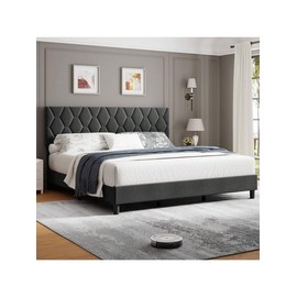 King/Queen/Full/Twin Size Platform Bed Frame With Upholstered Headboard, Linen Fabric Upholstered Bed Frame With Adjustable Headboard, Wood Slat Support And Strong Metal Bed Frame, Noise Free - Color: Grey, mattress & bed frame size: Twin