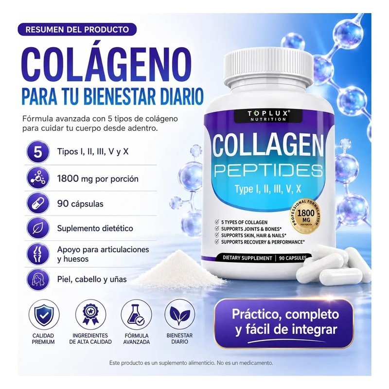 Colágeno Hidrolizado 5 Tipos 1800 Mg 90 Cápsulas Premium