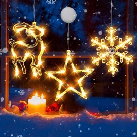 MUYUN Christmas Decorations 3PCS Christmas Window Lights Star&Deer&Snowflake Battery Operated Indoor String Lights with Suction Cup for Christmas Window Decorations Fireplace New Year