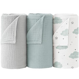 Bearmoss Baby Swaddling Cloth Muslin Blanket 100% Cotton Thin Breathable Baby Blanket Baby Swaddle Blanket Cloths for Boys and Girls Pack of 3 96 x 102 cm (Clouds)