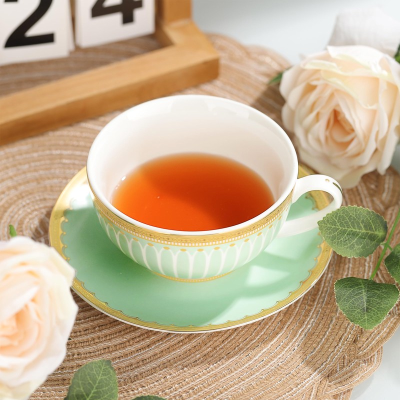 fanquare Tea for One with Gold Trim, Green Teapot Set