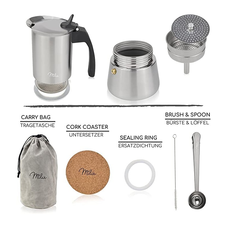 Milu Espresso Maker Suitable for Induction Hobs, 2/4/6 Cups, Stainless