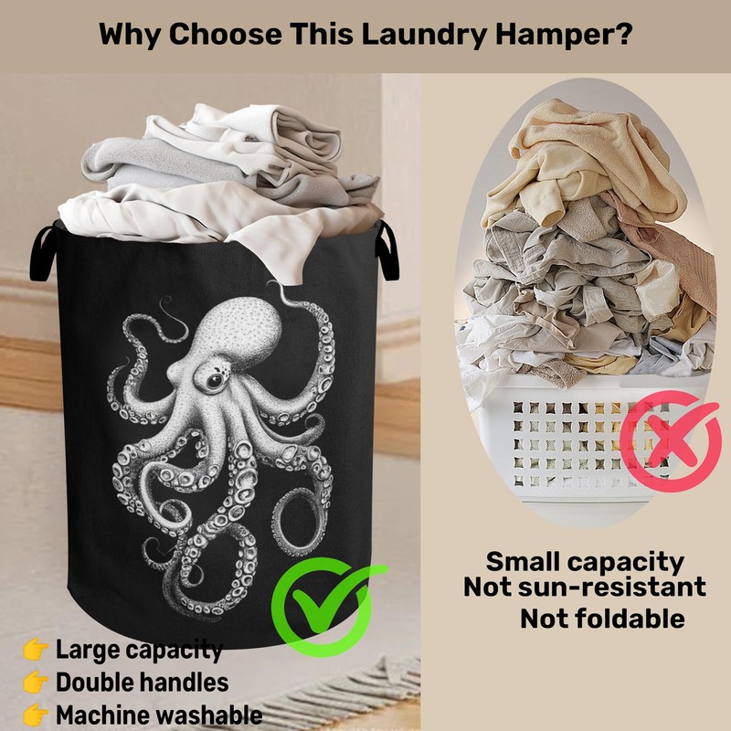 Black Octopus Laundry Basket - Heavy Duty 60L Dirty Clothes