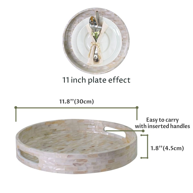 PEMAR 12.6” Mother of Pearl Round Serving Tray with Handles,