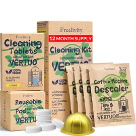 Nespresso Compatible Vertuo Cleaning & Descaling Kit – 1 Year Supply. Includes 4 Descaling Powder Solution, 12 Cleaning Tablets, 1 Reusable Pod, Eco-Friendly Vertuoline Maintenance Kit