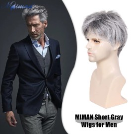 MIMAN Mens Short Grey Wigs For Men Short Straight Wig Layered Natural Synthetic