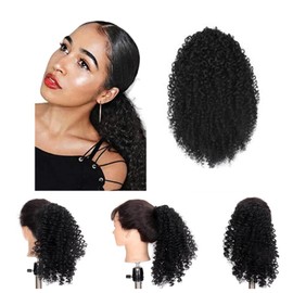 Afro Kinky Curly Drawstring Ponytail Synthetic Fake Ponytail Scrunchie Hair Bun Clip In Hairpiece Extensions Multi Layered Hair Fluffy Thick Curly Pony tail (#1B, 12INCN/30CM)