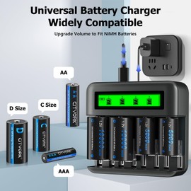 CITYORK 4 Pack Rechargeable C Batteries 5000mAh with Charger for 1.2V Ni-MH AA AAA C D Rechargeable Batteries, 8 Slots LCD Smart Battery Charger with C Cell Batteries (Included USB Cable)
