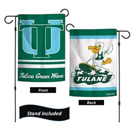 Tulane Greenwave Garden Flag Set With Stand, Printed in the USA, 12.5" x 18" College Flag With Three Piece Steel Yard Flag Stand Holder (Vault)