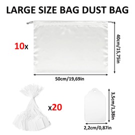 Pack of 10 Dust Bags for Handbags, Silk Storage Bag, Drawstring Bag, Storage Bag, with 20 Tags, Shoe Bag, Travel, Bags for Shoes at Home, Travel, 50 x 40 cm, White, White, Modernity