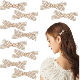 10 Pcs Pearl Bow Hair Clips Duckbill Hair Claw Clips Metal Hair Clip Elegant Cute Hair Pins Hair Accessories Headwear Styling Tools Gifts for Little Girls Women (Gold, One Size)