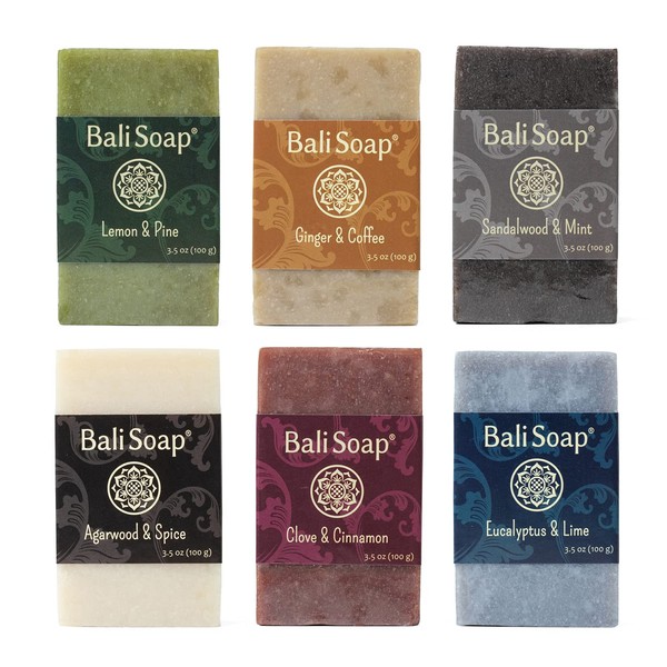 Bali Soap - Masculine Collection Natural Soap Bar Gift Set, 6 pc Variety Pack, Lemon-Pine, Ginger-Coffee, Sandalwood-Mint, Agarwood-Spice, Clove-Cinnamon, Eucalyptus-Lime 3.5 Oz each
