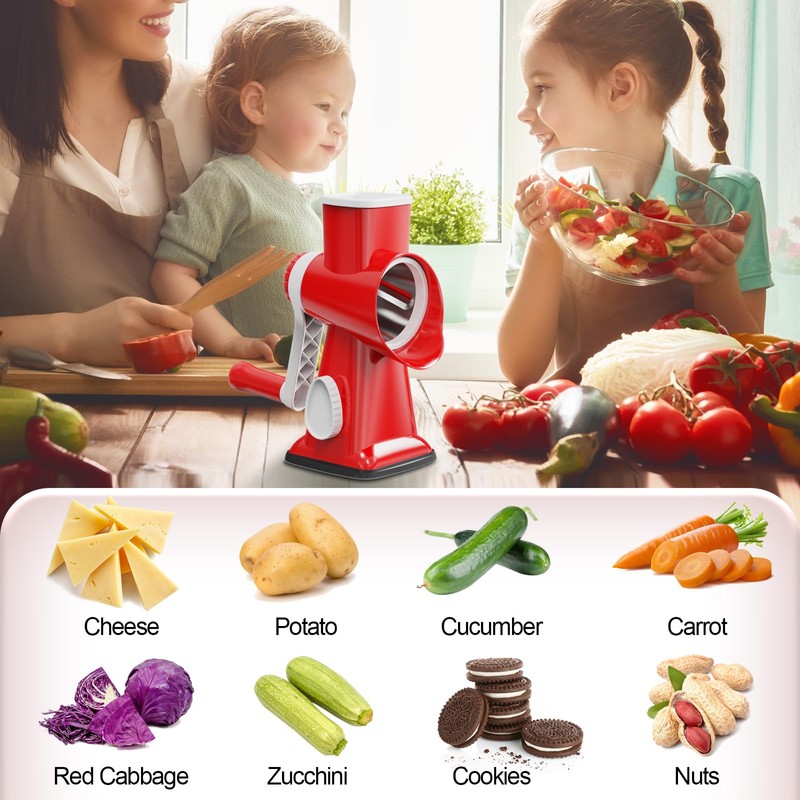Cheese Grater Cheese Shredder with 3 Interchangeable Blades, Rotary Cheese