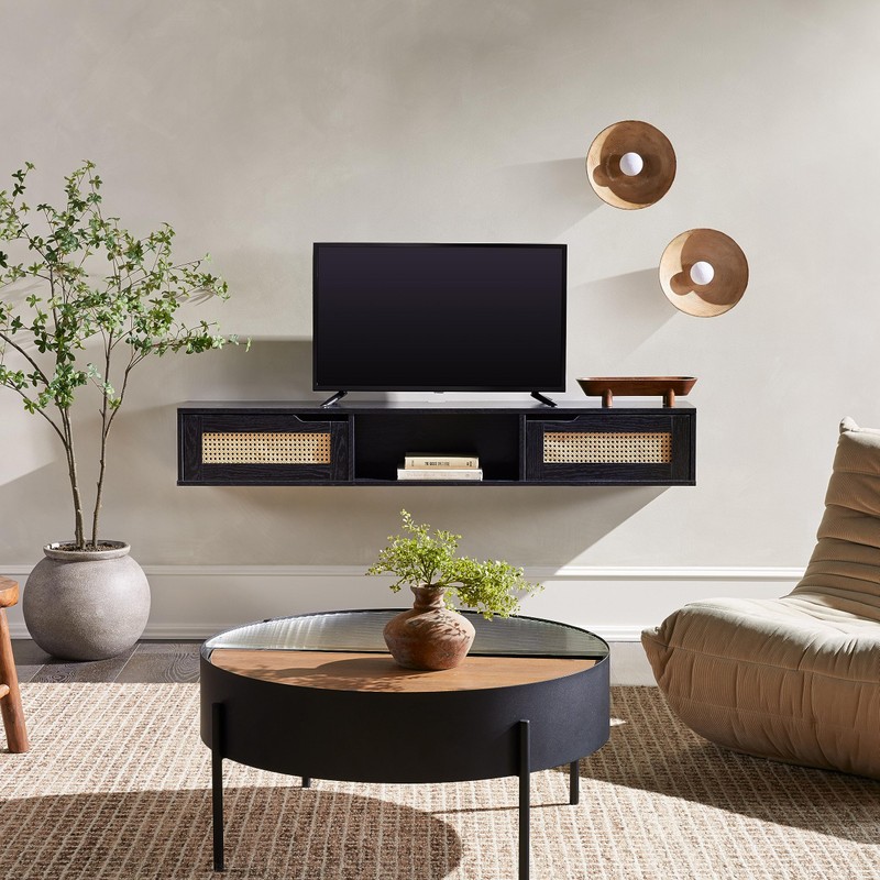 Walker Edison Destin Modern Rattan Flip-Down-Door Wall-Mounted Floating TV Stand