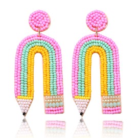 HZEYN Teacher Earrings Beaded Rainbow Pencil Drop Dangle Earrings Teacher Appreciation Gifts Back To School Jewelry for Women(Pink)