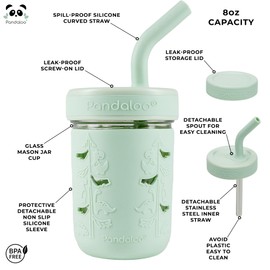 Pandaloo® Mason Jar Toddler Cup - 8 oz Spill-Proof Glass Tumbler with Silicone Straw and Lid, Non-Slip Sleeve, BPA-Free Toddler Snack Cups - Perfect Smoothie Cups with Lids and Straws for Kids
