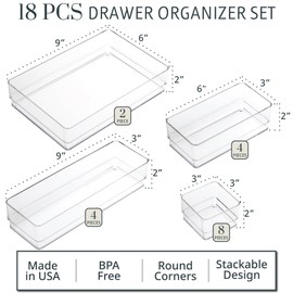 STORi SimpleSort 18-Piece Stackable Clear Drawer Organizer Set | Multi-size Trays | Makeup Vanity Storage Bins and Office Desk Drawer Dividers | Made in USA
