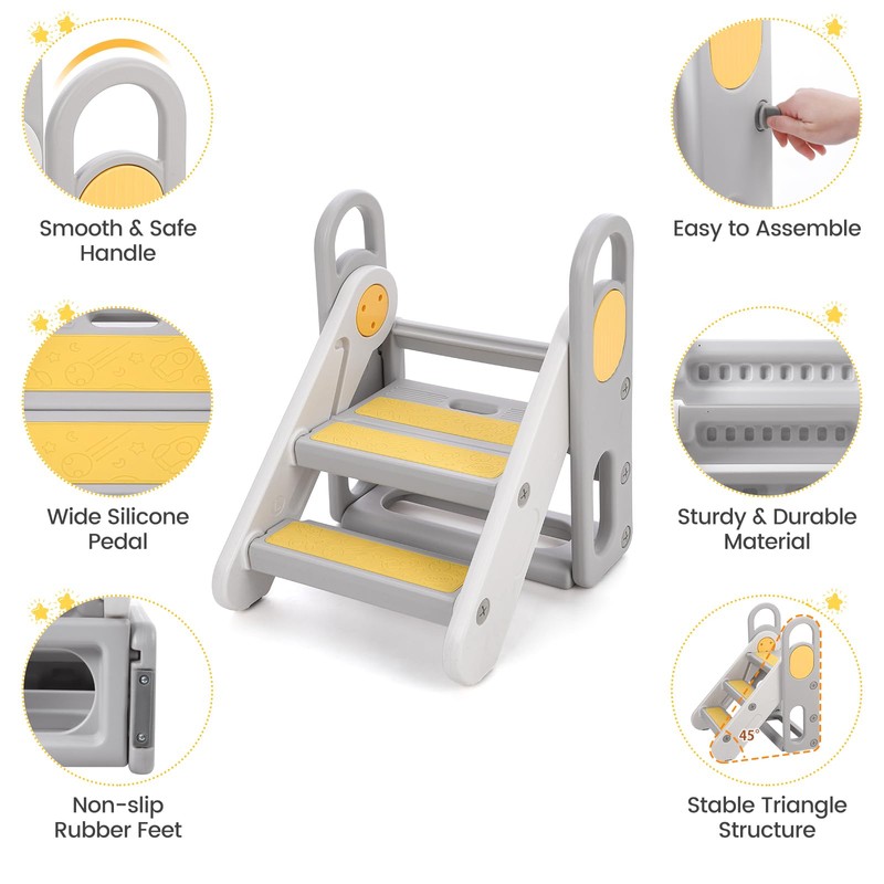 Foldable 3 Steps Stool for Toddlers, Folding Step Ladder with