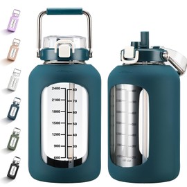 MUKOKO 100oz Glass Water Bottle with Time Marker and Silicone Sleeve 3L Large Water Jug with Stainless Steel Handle Gallon Drinking Bottle with 2-in-1 Lid Wide Mouth BPA Free, Dark Blue
