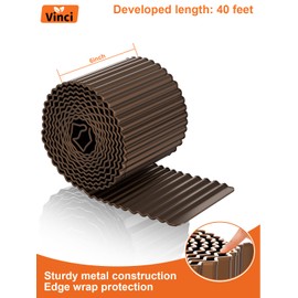 Vinci Garden Landscape Edging Border, 6 Inch x 40 FT Corrugated Sturdy Metal Easy Installation Safe Hemmed Lawn Garden Border Edges for DIY Flower Beds, Pathways and Patio Design (Brown)