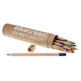 eduGREEN® - Set of 16 - 1 Cardboard Roll with 13 Colouring Pencils, 1 Pen (Graphite) with 5 mm Quality Refill, 1 Wooden Sharpener, Certified Wood, Water-Soluble Paint, Embossed Foil Degradable