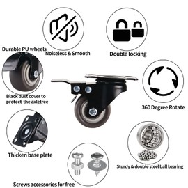 1.5" Casters Set of 8 Heavy-Duty Industrial Caster Wheels with Brake PU No Noise Wheels with Double Locking and Double Ball Bearing Swivel Locking Casters for Workbench, Furniture, Plate Castors Grey
