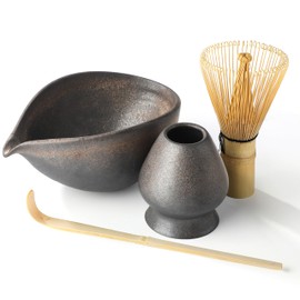 Katakuchi Boat Matcha Bowl Set with Rice Bowl, Chasen Stand, 100 Bontari Chasen, and Chashaku Set, Set of Dotomae Tools