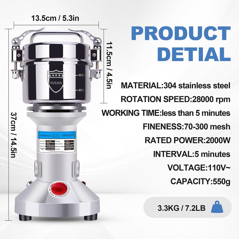 Greatrue 550g Electric Grain Mill Grinder, 304 Stainless Steel Flour