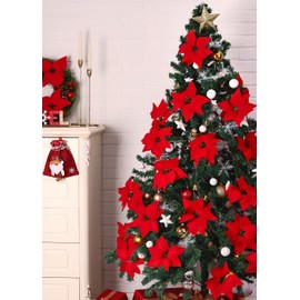 Roqueen 15 Pieces 22CM Christmas Flowers Artificial Poinsettia Flowers Xmas Tree Ornaments with Clips Stems for Wreath Party Wedding New Year Decoration (Red)