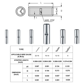 woshilaoDS 120 Pcs Non Insulated Butt Connectors, Uninsulated Butt Splice Connectors, 22-16 Gauge Electrical Wire Seamless Connector Crimp Ferrule Terminals