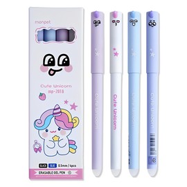 KUMSODE Pack of 4 Erasable Gel Pens with Heat Sensitive Ink, 0.5 mm Tip, Unicorn Pattern, Party Gifts for Children, Birthday Gifts, Blue Refill
