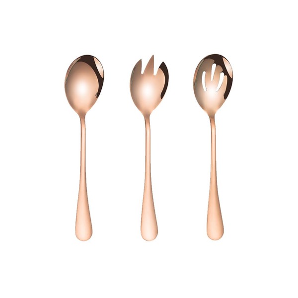 AAED Set of 3 Stainless Steel Spoons, Salad Cutlery, Salad Spoon, Salad Fork and Strainer (Rose Gold), Salad Servers for Family, Hotels, Restaurants