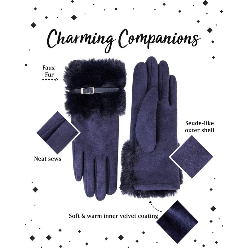 Rose Black Women's Elegant Suede Gloves with Fur - Finest